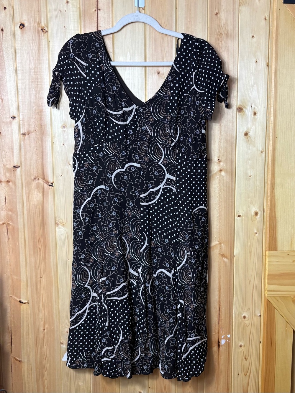Provenance Petite Conrad C Dress 8 Brown Floral Polka Dot Tie Sleeve Retro Chic